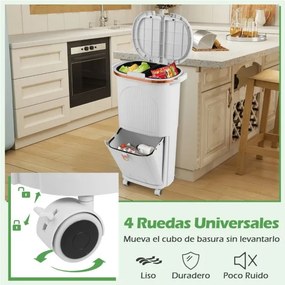 Caixote do lixo de 38 L com duas camadas, 2 caixotes removíveis, pedal e rodas para sala, cozinha e casa de banho, branco