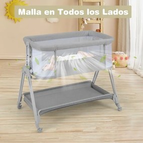Berço lateral dobrável e portátil para bebés, com 7 alturas ajustáveis, colchão confortável e prateleira de arrumação, 97 x 56 x 86,5 cm, cinzento