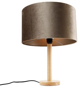 Candeeiro de Mesa Madeira com Abajur de Veludo Taupe 35cm - Mels Rústico ,Clássico / Antigo