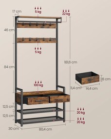 Bengaleiro entrada com banco para sapatos e 10 ganchos 30 x 80,4 x 181,6 cm preto-castanho vintage