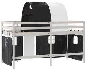 Cama alta criança c/ túnel 80x200 cm pinho maciço branco/preto