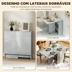 Mesa de Sala de Jantar Dobrável com 2 Prateleiras de Armazenamento (CADEIRAS NÃO INCLUIDAS) e Rodas para Cozinha 75x140x74 cm Cinza