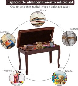Banco de madeira para piano com almofada almofadada e compartimento para livros e acessórios  75 x 35 x 49 cm Castanho