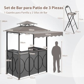 Tenda jardim com mesa de bar e 2 cadeiras dobráveis com prateleiras de metal para jardim 193 x 117 x 240 cm cinza