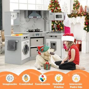 Cozinha brincar de madeira com luzes e sons realistas, dispensador de água e máquina de lavar para crianças a partir dos 3 anos cinzento