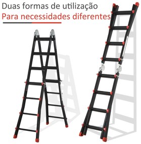 Escada Telescópica de Alumínio 4 m Escada Extensível Dobrável com 4 Degraus Ajustáveis Preto e Vermelho