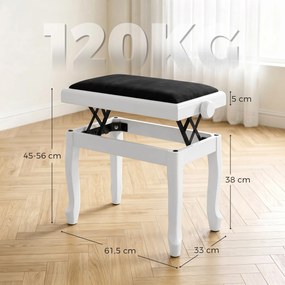 Banco de piano 61,5 L x 33 P x 45-56 A cm ajustável em altura de 45 a 56 cm, banco de teclado, assento almofadado em veludo, branco