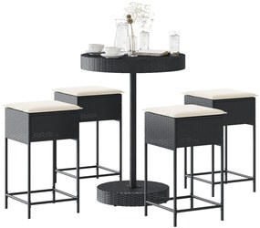 5 pcs conjunto de bar p/ jardim c/ almofadões vime PE preto