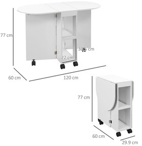 HOMCOM Mesa de Cozinha Dobrável com Rodas Laterais Rebatíveis e 2 Prateleiras Abertas Estilo Moderno 120x60x77 cm Branco