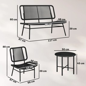 Conjunto Jardim de Vime com 4 peças Inclui Sofá de 2 Lugares 2 Poltronas e Mesa de Centro com Tampo Metálico Preto