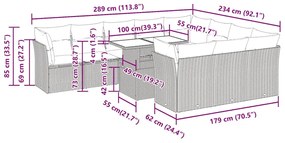 11 pcs conj. sofás jardim c/ almofadões vime PE/acácia castanho