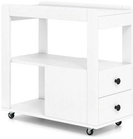 Mesa Lateral para Sofá ou Mesa de Cabeceira 65 x 30 x 62 cm com 2 Gavetas e Prateleiras Abertas com Rodas para Sala Branco