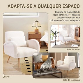 Poltrona em Tecido Teddy com Almofada Lombar Amovível e Pés Metálicos Efeito Madeira para Quarto, Creme