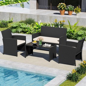 Conjunto de jardim em rattan com 4 peças: sofás de 2 lugares, mesa de vidro temperado e almofadas para exterior, varanda ou piscina, Preto+creme