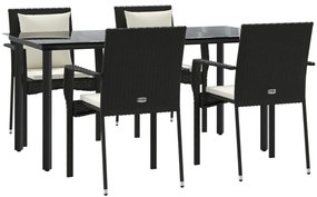 5 pcs conjunto de jantar p/ jardim c/ almofadões vime PE preto