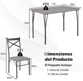 Conjunto de mesa de jantar de 5 peças com mesa retangular moderna e 4 cadeiras com estrutura metálica para cozinha, escritório e restaurante Cinzento