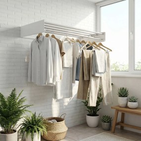 Estendal de roupa de parede extensível 100 x 50 x 10,5 cm, secador de roupa dobrável com 6 varas, que poupa espaço, para interior e exterior branco
