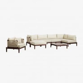Conjunto De Jardim Com Sofá Modular De Canto De 5 Peças, Mesa De Centro, Puff E Poltrona Em Acácia Giulia Crema - Sklum
