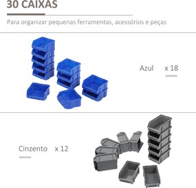 Organizador de Ferragens para Parede com 30 Caixas de 2 Tamanhos Diferentes 63x18x37,5 cm Azul e Cinza