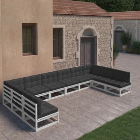 vidaXL 10 pcs conj. lounge de jardim c/ almofadões pinho maciço branco