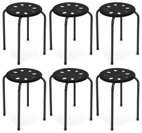 Conjunto de 6 bancos empilháveis de meta com assento perfurado redondo e estrutura metálica para cozinha, sala Pretos