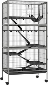 Pawhut Gaiola para Roedores Multifuncional 4 Plataformas 3 Rampas 4 Portas 80x52x159 cm Aço Cinza Prateado Preto | Aosom Portugal