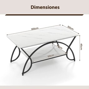 Mesa de centro moderna em imitação de mármore  2 níveis Estrutura metálica para sala de estar 100 x 50 x 45 cm Preto Branco