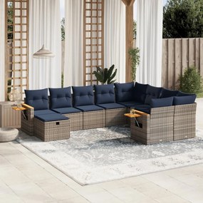 10 pcs conjunto sofás p/ jardim c/ almofadões vime PE cinzento