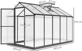 Estufa de jardim em alumínio e policarbonato, com janelas superiores ajustáveis, 303 x 183 x 195 cm, transparente