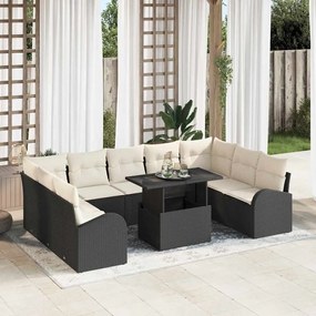 Conjunto de Sofás para o Jardim de 10 Peças com Almofadas Preto Rattan Poliéster