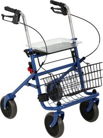 Andador 4 rodas dobrável, rollator em aço inoxidável, assento acolchoado em PU, pega regulável, azul