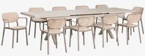 Conjunto De Mesa Retangular Extensível Karena 240-300x100 Cm E 10 Cadeiras De Jardim Empilháveis Com Apoios De Braços Omara Moka Brown - Sklum