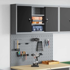 Conjunto de Armário de Ferramentas e Painel de Ferramentas VidaXL 3 Peças Montado na Parede em Metal Preto