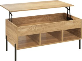 Mesa de centro com tampo elevável 100 x 50 x 45 cm, pernas de metal, compartimento oculto e 3 compartimentos abertos natura