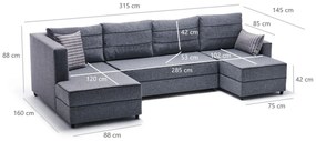 Sofá-Cama de Canto Ece – Cinzento – 315 cm x 88 cm x 160 cm