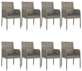 9 pcs conjunto jantar jardim c/ almofadões vime PE preto/cinza