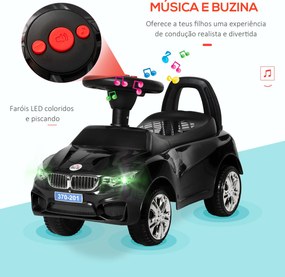 Carro Andador para Crianças com Faróis Música Buzina Volante Compartimento de Armazenamento 63,5x28x36 cm Preto