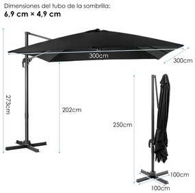 Guarda-sol de jardim 300 cm com Base cruzada e com manivela 3 inclinações Rotação de 360° 8 hastes Preto