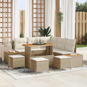 Conjunto de Sofá de Jardim vidaXL de 9 Peças com Almofadas Bege Rattan de Poliéster Acácia