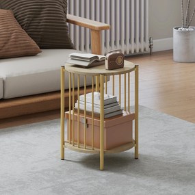 Mesa Lateral Redonda de 2 Níveis com Prateleira de Armazenamento e Estrutura de Aço para Sala e Quarto Ø41x49 cm Madeira