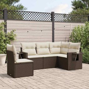 5 pcs conjunto sofás p/ jardim c/ almofadões vime PE castanho
