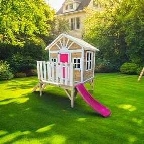 Casa de brincar para crianças com escorrega 200 x 209,5 x 225,5 cm de madeira em painéis VISBY elevada 60 cm Rosa