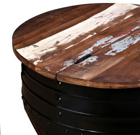 Mesa centro madeira reciclada maciça preta em forma de barril