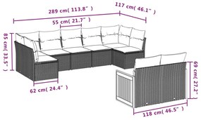 9 pcs conjunto sofás p/ jardim com almofadões vime PE cinzento