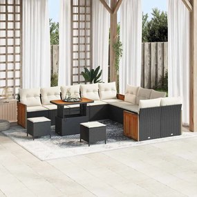 vidaXL Conjunto de Sofá de Jardim de 13 Peças com Almofadas Rattan Poliéster Preto Acácia