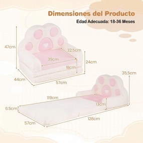 Sofá Infantil em Forma de Pata de Urso, 57 x 44 x 47 cm, Convertível em Colchonete, Rosa
