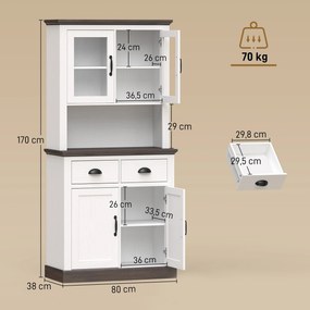 Armário de Cozinha Alto com Portas de Vidro 2 Gavetas Prateleiras Ajustáveis e Nicho Aberto 80x38x170 cm Branco