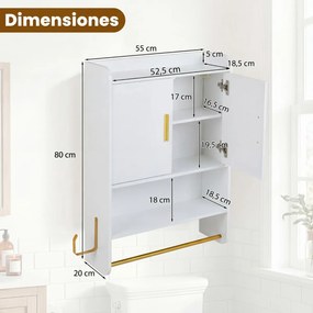 Armário para casa de banho parede, 55 x 20 x 80 cm, com portas, prateleira ajustável e barra para pendurar Branco