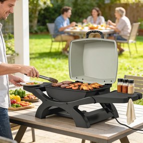 Grelhador elétrico de exterior de 2300 W, churrasqueira de mesa portátil com grelhas esmaltadas e prateleiras laterais, preta