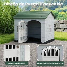 Casota de plástico para cães com 3 janelas e porta com fechadura, telhado inclinado, para interior e exterior, 75 x 58 x 65 cm, verde